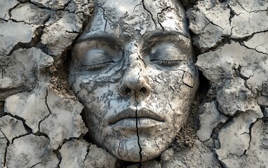 A corroding human face breaking apart, surrounded by cracked earth, symbolizing decay and the inevitable return to the ground