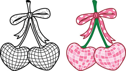 Pink polka dot bow ribbon with night club disco heart or cheery shape balls clipart coquette aesthetic for design element or coloring page. Vector illustration.