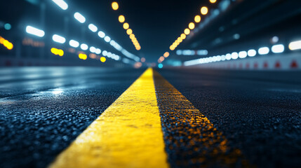 Nighttime urban road with strong lighting and vivid yellow line. 