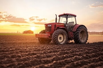 Obraz premium Nostalgic rural scene rusty red tractor in sunset field with barn and golden light glow