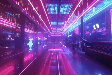 Fototapeta premium Futuristic nightclub interior with pink and blue neon lighting design.