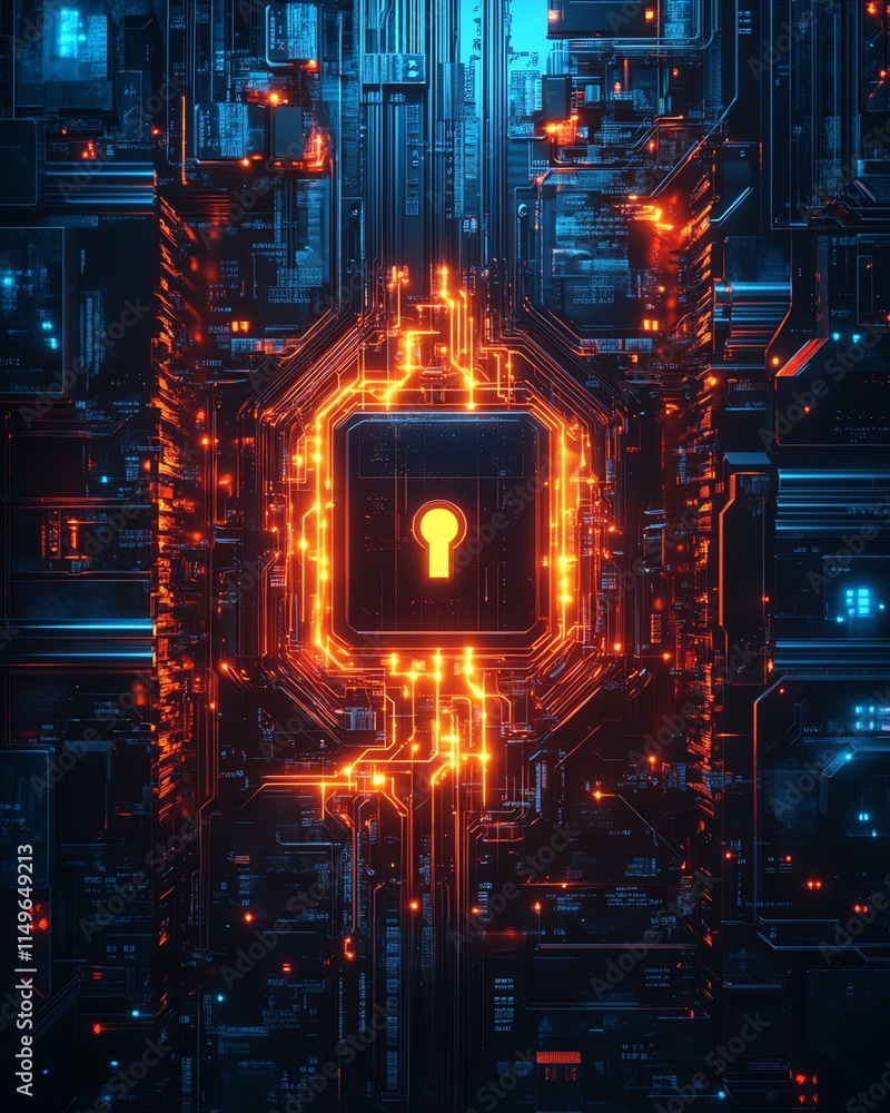 Aufkleber a futuristic it security concept background, featuring a digital lock, circuit patterns, and glowing