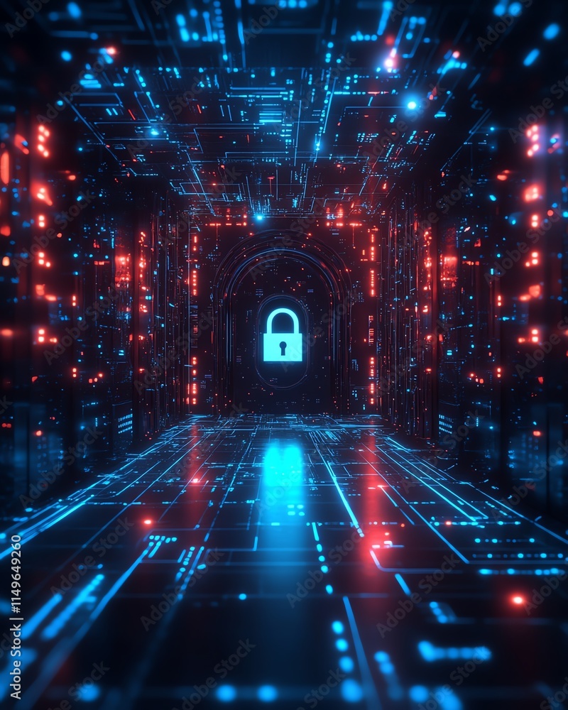 Aufkleber A futuristic IT security concept background, featuring a digital lock, circuit patterns, and glowing data streams in a dark, techinspired setting