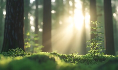 Fototapeta premium Sun rays illuminate a young conifer in a lush forest.