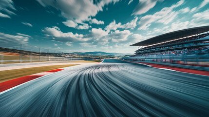 Exciting high-speed racing action at a motorsport circuit under an expansive sky. 