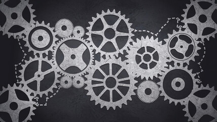 A creative silhouette formed from gears and cogs, symbolizing the interconnectedness of ideas, technology, and business processes, perfect for innovation and teamwork themes. 