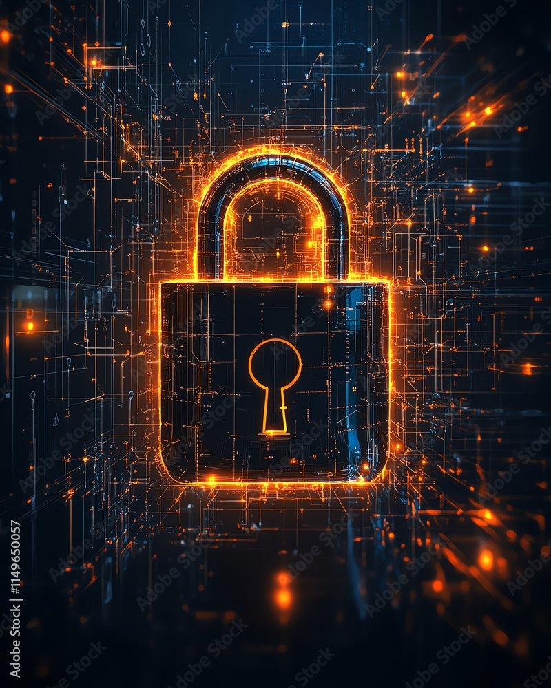 Leinwandbilder a hightech it security background with a glowing padlock, encrypted data, and abstract technological
