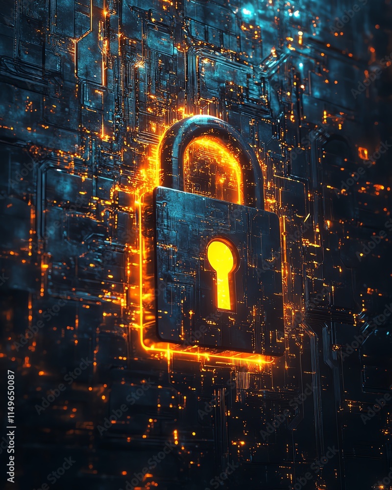Leinwandbilder a hightech it security background with a glowing padlock, encrypted data, and abstract technological