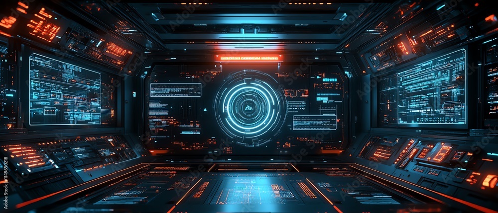 Poster a hightech it security theme with holographic encryption symbols, secure firewalls, and interconnect