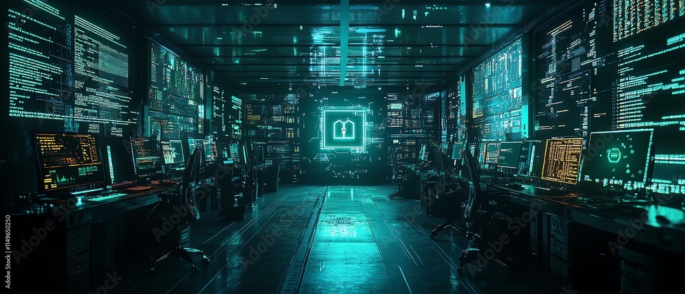 Poster A hightech IT security theme with holographic encryption symbols, secure firewalls, and interconnected systems, reflecting a digital defense strategy