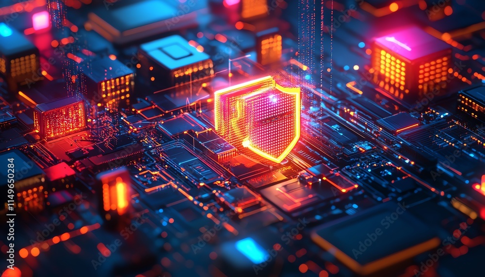 Aufkleber a modern it security concept with a glowing shield, secure networks, and firewall symbols, surrounde