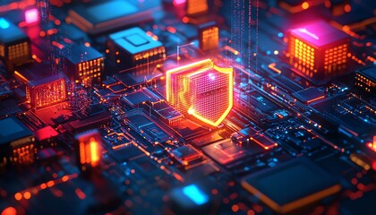 Fototapeta premium A modern IT security concept with a glowing shield, secure networks, and firewall symbols, surrounded by flowing data and digital elements