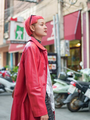 Gen z girl leather fashion with punk Asian woman tourist of local city Southeast Asia travel trendy...