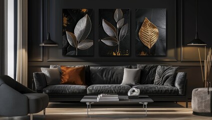 A set of canvases with an ornate foliage. Plant art design with gold accents