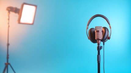 Fototapeta premium Studio microphone and headphones on stand, light in background.