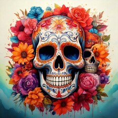 Illustration of vibrant Dia de los Muertos skulls with watercolor flowers