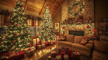 Festive living room with a comfortable couch, two Christmas trees adorned with ornaments and lights, and gifts perfectly placed beneath.