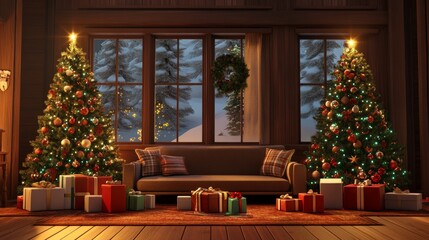Obraz premium Festive living room with a cozy couch, two Christmas trees shimmering with lights and ornaments, and beautifully wrapped gifts beneath.