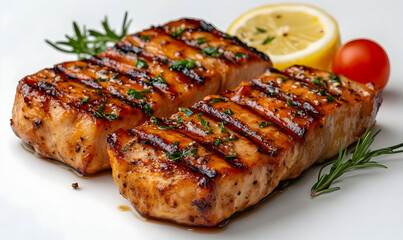 Grilled salmon fillets garnished with herbs and lemon, served on a plate.