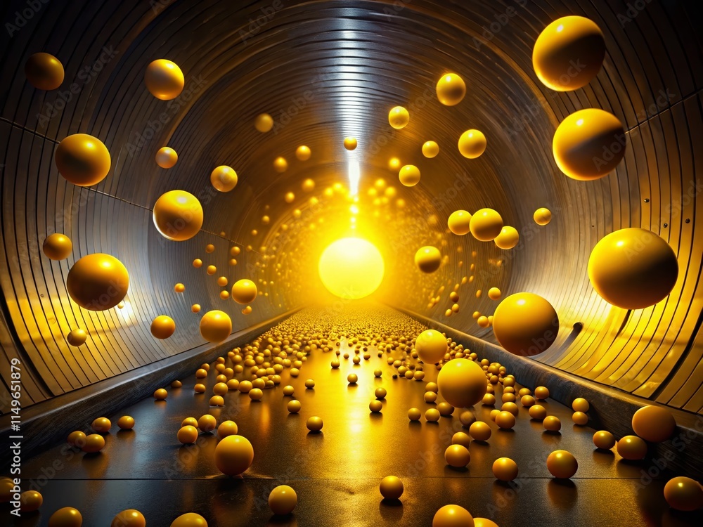 Wall mural silhouette of yellow tunnel ejecting colorful balls - 3d rendered abstract background