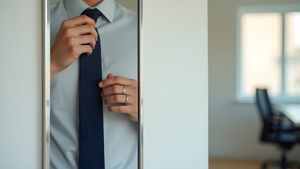 A hand adjusting a tie in a minimalist office mirror