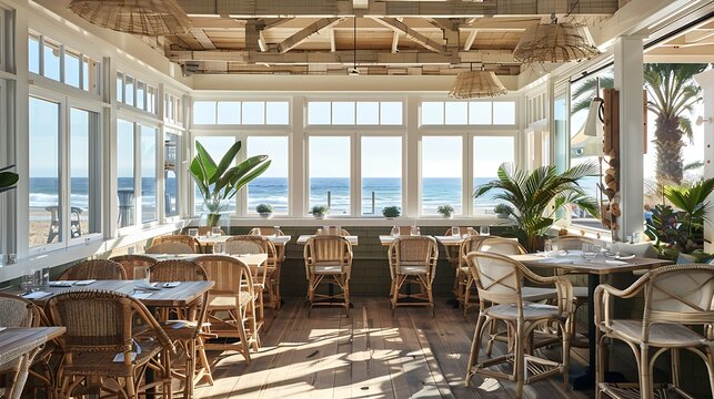 A beachside restaurant with wicker furniture, large windows with ocean views, and nautical decor - Powered by Adobe