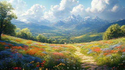 Obraz premium Mountain valley wildflowers, path, sunshine.