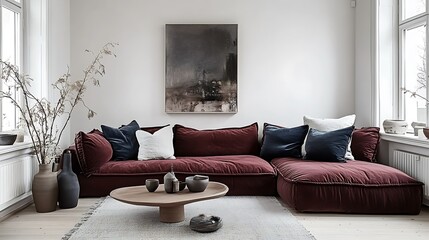 Modern living room interior with burgundy velvet sectional sofa, abstract art, and natural decor.