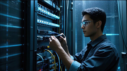 professional IT technician with network equipment in server room