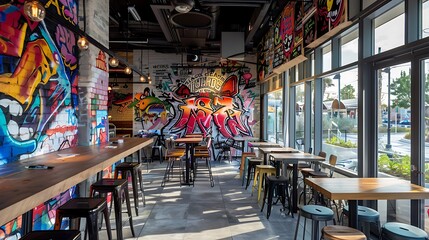 Obraz premium A casual burger joint with graffiti art on the walls, metal furniture, and a lively vibe