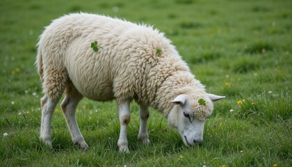 Fluffy sheep grazing on green grass with clovers, enjoying a sunny day in a tranquil pasture
