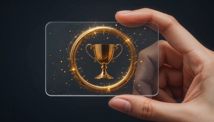 Hand holding a transparent card displayed with a golden trophy symbol, sparkling effects, achievement concept
