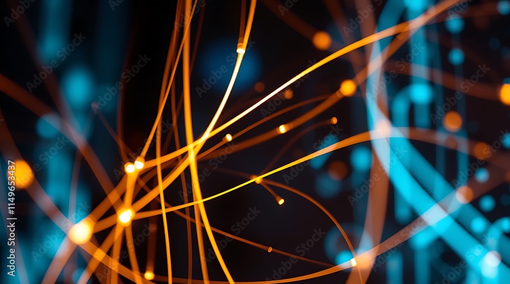 Poster intertwined pathways: abstract digital art with glowing orange and blue lines connecting in a comple