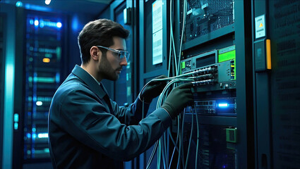 professional IT technician with network equipment in server room