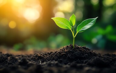 Fototapeta premium A young seedling breaking through dry, cracked soil, with fresh green leaves and tiny roots forming beneath the earth