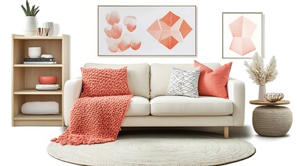 Modern living room interior with coral decor, beige sofa, and abstract art.