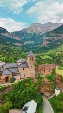 Aerial viiew of the Torla-Ordesa village in Pyrenees, Spain