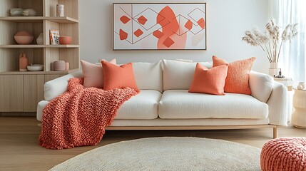 Modern living room interior with coral throw, cushions, and artwork.