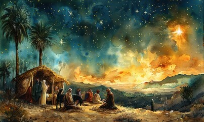 Illuminating the nativity scene with a radiant star above the manger in Bethlehem's tranquil landscape