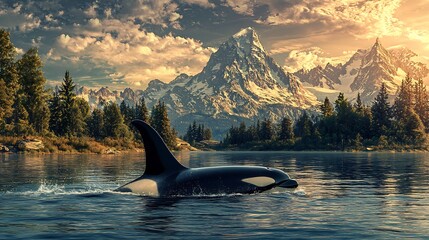 Fototapeta premium Majestic Orca Emerging from Serene Mountain Lake at Dramatic Sunset