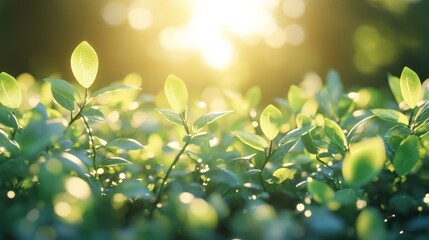 Sunlit vibrant green leaves at sunset.
