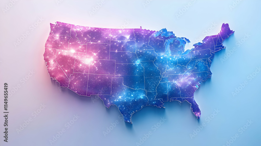 Poster a stylized map of the usa with a cosmic, vibrant color scheme representing connectivity.