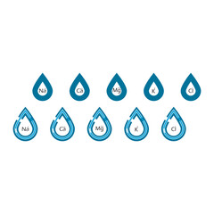 Set of blue electrolyte modern icons - Calcium, Sodium, Magnesium, Potassium and Chlorine ion symbols for Mineral product, mineralized water, health care and education
