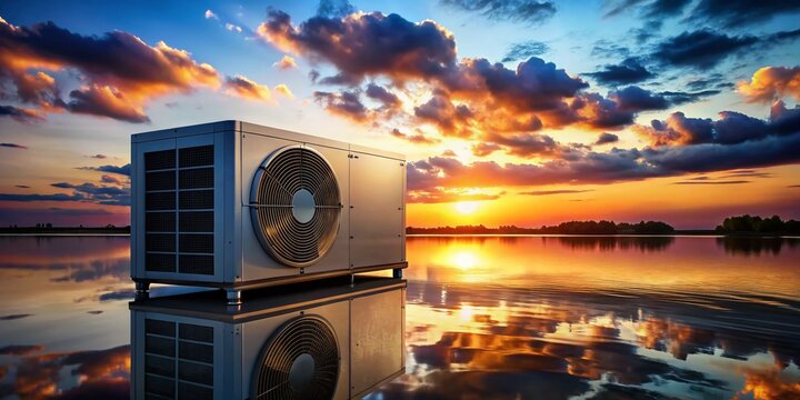 Silhouette VRV Air Conditioner Over Water - 3D Render, HVAC System, Outdoor Unit, Cooling Equipment, Night Scene