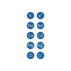 Set of blue electrolyte modern icons - Calcium, Sodium, Magnesium, Potassium and Chlorine ion symbols for Mineral product, mineralized water, health care and education