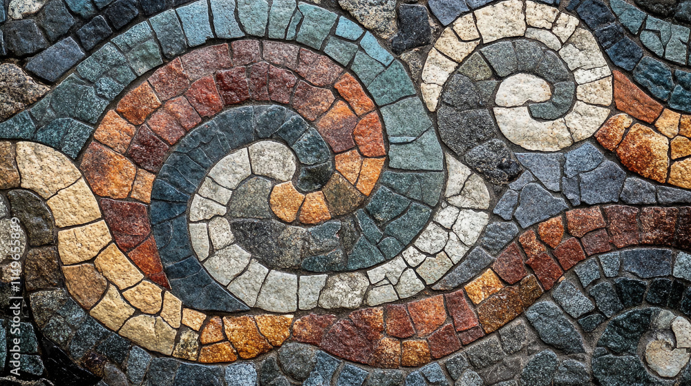 Poster colorful mosaic design featuring swirling patterns in a public space.