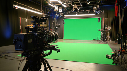 Fototapeta premium Video production concepts. film studio setup featuring green screen, camera, and lighting equipment