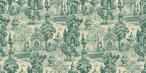 Obraz premium Elegant vintage floral wallpaper featuring intricate garden scenes.