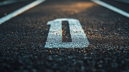 Close-up view of a starting line on a running track during early morning light.