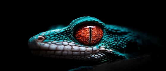 Fototapeta premium Close-up of a vibrant turquoise gecko with striking orange eye in dark setting.